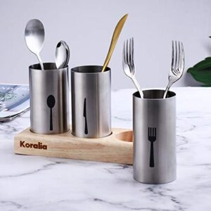 Koralia Home Stainless Steel Flatware & Silverware 3PC 4PC Organizer Organiser Cutlery Holder with Wood Base for Spoons, Forks, Knives – Ideal for Kitchen, Dining, and Much More (3PCS)