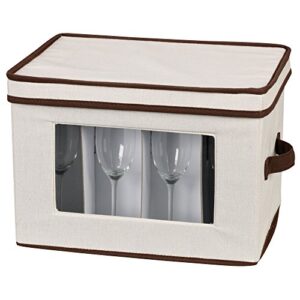 Household Essentials Natural 544 Stemware Storage Box with Lid and Handles | Champagne Glasses Canvas with Brown Trim