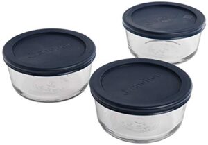 anchor hocking round glass food storage containers with blue snugfit lids, (bpa free, glass tempered tough for oven, microwave, fridge, and freezer), clear glass, blue lids, 2 cup (set of 3)