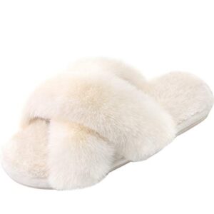 women’s cross band slippers fuzzy soft house slippers plush furry warm cozy open toe fluffy home shoes comfy winter indoor outdoor slip on breathable off-white 7-8