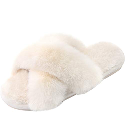 Women's Cross Band Slippers Fuzzy Soft House Slippers Plush Furry Warm Cozy Open Toe Fluffy Home Shoes Comfy Winter Indoor Outdoor Slip On Breathable Off-White 7-8