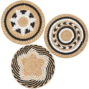 boho wall basket decor set of 3 decorative bulrush woven basket wall decor set rustic hanging handmade round woven wall decor with african design for living room bedroom farmhouse gift idea