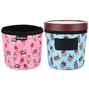 2 Pack Ice Cream and Leopard Pattern Pint Size Ice Cream Sleeves Neoprene Cover with Spoon Holder Cover (Ice Cream (2PCS))