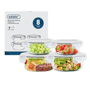 salato glass storage containers with lids 8 piece, 100% leak proof & bpa free glass containers with lids, 4 set nesting round glass food storage containers safe for freezer/oven/microwave, grey