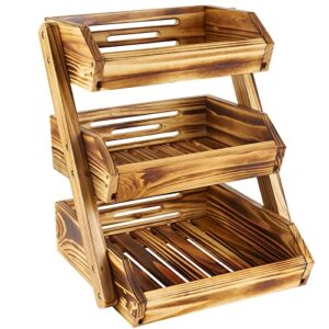 wooden 3 tier fruit basket for kitchen, fruit stand for kitchen countertop, vegetable produce bread storage holder, kitchen organization perfect for produce, home storage, and display(self-assembly)