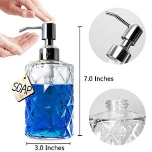 JASAI Diamond Design 12 Oz Glass Soap Dispenser, Kitchen Soap Dispenser with 304 Rust Proof Stainless Steel Pump, Bathroom Soap Dispenser for Hand Soap, Soap, Lotion(Clear)