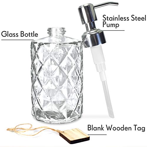 JASAI Diamond Design 12 Oz Glass Soap Dispenser, Kitchen Soap Dispenser with 304 Rust Proof Stainless Steel Pump, Bathroom Soap Dispenser for Hand Soap, Soap, Lotion(Clear)