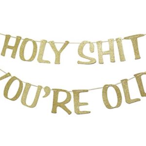 Holy Shit You're Old Banner Gold Glitter for 30th 40th 50h 60th 70th 80th 90th Funny Birthday Banner Sign Bunting Party Decor Photo Booth Props