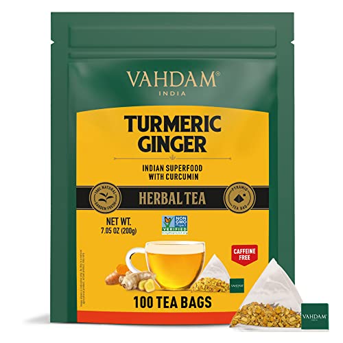 VAHDAM, Organic Turmeric Ginger Herbal Tea (100 Pyramid Tea Bags) Caffeine Free, Superfood w/USDA Organic Turmeric & Ginger | Herbal Tea Bags, Packed in Resealable Ziplock Pouch