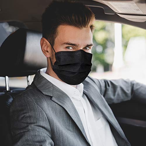 Assacalynn Disposable Face Masks 4 Layers, 2022 Upgraded 50PCS Black Mask with White Inside, Breathable Face Mask with Comfortable Flat Elastic Ear Bands