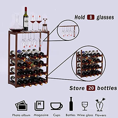 Wine Rack Free Standing 20 Bottles with 8 Glasses Holder,Bamboo Wine Storage Shelf for Home Kitchen Pantry Wine Cellar Organizer Display Stand for Wine Lover