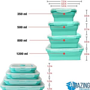Amazing Containers Collapsible Silicone Food Storage Container Set of 4 with Lids | Stackable | Microwaveable | Freezer, Dishwasher Safe| BPA Free
