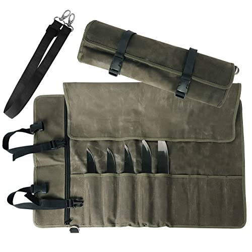 JNMMPEARL Chef’s Knife Roll Bag, Waxed Canvas Knife Cutlery Carrier,Knife Pouch Holders With 10 Slots Plus 1 Zipper Pockets, storage bag for knives，gifts for chefs and cooking beginners， ArmyGreen