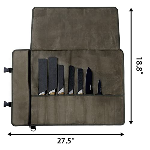 JNMMPEARL Chef’s Knife Roll Bag, Waxed Canvas Knife Cutlery Carrier,Knife Pouch Holders With 10 Slots Plus 1 Zipper Pockets, storage bag for knives，gifts for chefs and cooking beginners， ArmyGreen