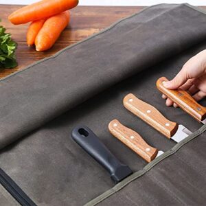 JNMMPEARL Chef’s Knife Roll Bag, Waxed Canvas Knife Cutlery Carrier,Knife Pouch Holders With 10 Slots Plus 1 Zipper Pockets, storage bag for knives，gifts for chefs and cooking beginners， ArmyGreen