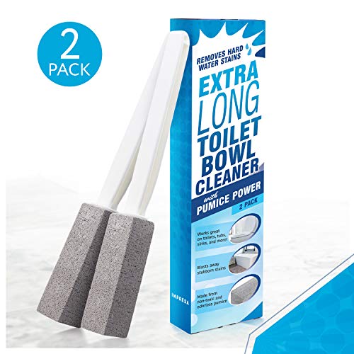 [2 Pack] Pumice Stone Toilet Bowl Cleaner with Extra Long Handle - Limescale Remover - Pumice Toilet Brush - Also Cleans BBQ Grills, Tiles, Tile Grout, & Swimming Pools by Impresa