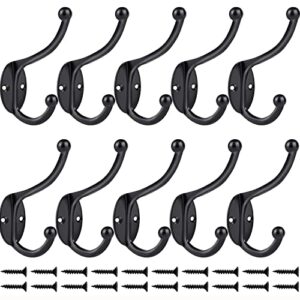 ZEYU Wall Hooks, 10Pcs Coat Hooks Hardware Towel Hooks for Hanging Coats Double No Rust Black Robe Hooks Wall Mounted with Screws for Key, Towel, Bags, Cup, Hat