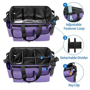 LoDrid Large Wearable Cleaning Caddy Bag with Detachable Divider, Cleaning Organizer with Handles, Cleaning Supply Tote with Adjustable Shoulder Strap for Cleaners & Housekeepers, Purple