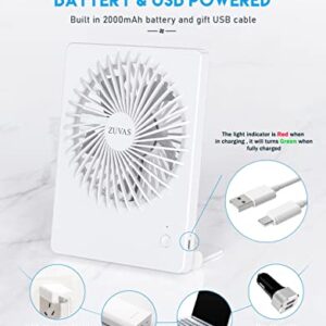 Zuvas Desk Fan Battery Operated , Rechargeable 180°Tilt Folding Personal Ultra Quiet Small Portable Fan 3 Speed Adjustable Strong Wind USB Fan For Office Bedroom Home Desktop Camping (White)