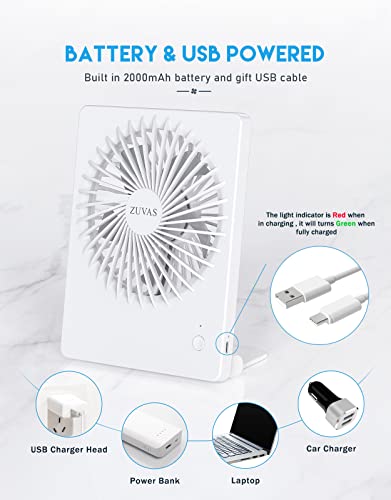 Zuvas Desk Fan Battery Operated , Rechargeable 180°Tilt Folding Personal Ultra Quiet Small Portable Fan 3 Speed Adjustable Strong Wind USB Fan For Office Bedroom Home Desktop Camping (White)