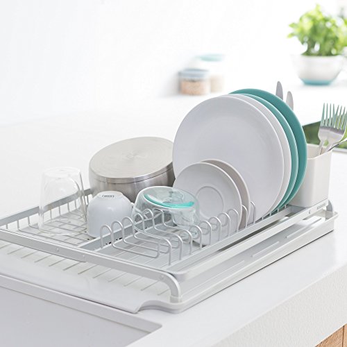 Brabantia Large Dish Drying Draining Rack (Light Gray) Plastic Easy-Clean Drip Tray & Removable Cutlery Basket