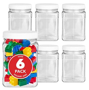 stock your home plastic storage jars (6 pack) – 32 oz square plastic canisters with lids – shatterproof plastic storage jars with lids – reusable wide mouth clear plastic containers with lids