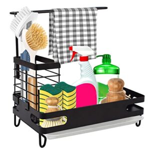 kitchen sink caddy organizer, sponge holder for kitchen sink stainless steel dish cloth hanger & basket brush holder with removable drain tray for kitchen sink accessories