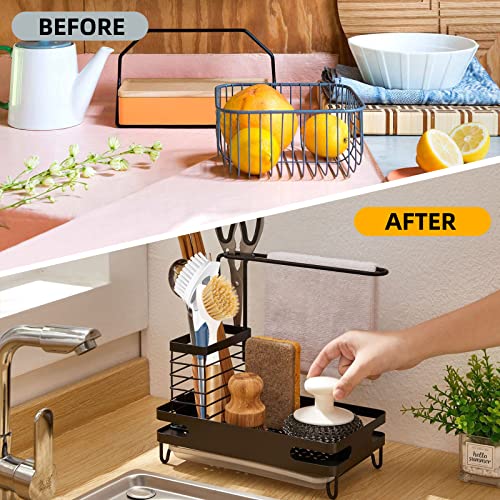 Kitchen Sink Caddy Organizer, Sponge Holder for Kitchen Sink Stainless Steel Dish Cloth Hanger & Basket Brush Holder with Removable Drain Tray for Kitchen Sink Accessories