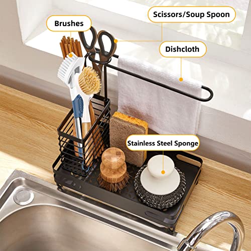 Kitchen Sink Caddy Organizer, Sponge Holder for Kitchen Sink Stainless Steel Dish Cloth Hanger & Basket Brush Holder with Removable Drain Tray for Kitchen Sink Accessories