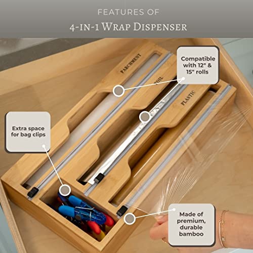 EmBee Home 4-in-1 Bamboo Wrap Organizer Dispenser with Storage for Kitchen Drawer - Compatible with Aluminum Foil, Plastic, and Paper Rolls "12 and "15 Rolls - Slider and Labels Included