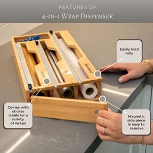 EmBee Home 4-in-1 Bamboo Wrap Organizer Dispenser with Storage for Kitchen Drawer - Compatible with Aluminum Foil, Plastic, and Paper Rolls "12 and "15 Rolls - Slider and Labels Included