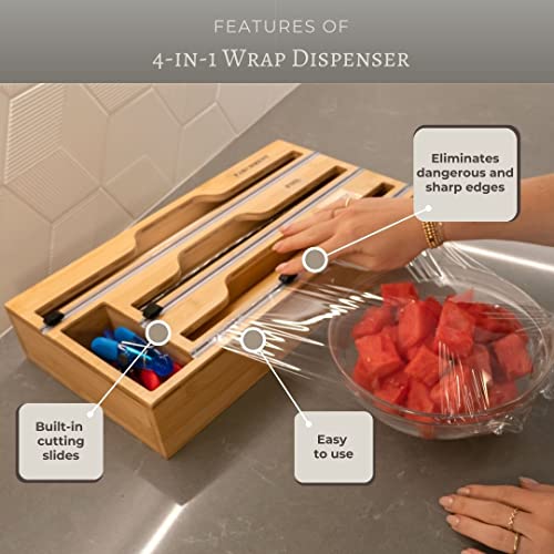 EmBee Home 4-in-1 Bamboo Wrap Organizer Dispenser with Storage for Kitchen Drawer - Compatible with Aluminum Foil, Plastic, and Paper Rolls "12 and "15 Rolls - Slider and Labels Included