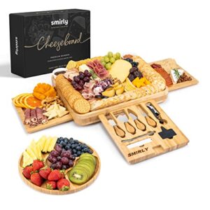 smirly charcuterie boards, extra large charcuterie board set – bamboo cheese board and knife set – house warming gifts new home, wedding gifts for couples, unique bridal shower gift for her