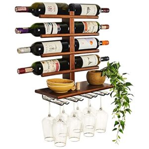 HELYA DESIGN Wine Rack Wall Mounted with Shelf for 8 Wine Bottles & Glasses - Wood Rustic Wine Glass Floating Rack with Stemware Hanger. Wine Decor and Storage Holder for Kitchen, Living Room & Bar