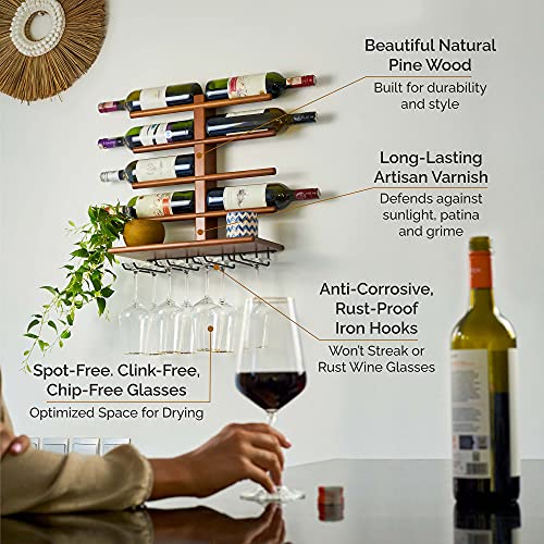 HELYA DESIGN Wine Rack Wall Mounted with Shelf for 8 Wine Bottles & Glasses - Wood Rustic Wine Glass Floating Rack with Stemware Hanger. Wine Decor and Storage Holder for Kitchen, Living Room & Bar