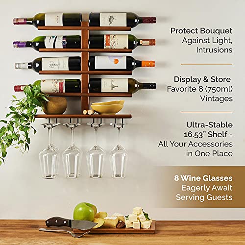 HELYA DESIGN Wine Rack Wall Mounted with Shelf for 8 Wine Bottles & Glasses - Wood Rustic Wine Glass Floating Rack with Stemware Hanger. Wine Decor and Storage Holder for Kitchen, Living Room & Bar