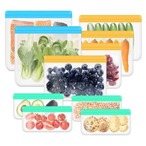 10pcs food storage bags silicone, leakproof reusable storage bags, reusable snack bags silicone for home food storage, kids school lunch,picnic and travel