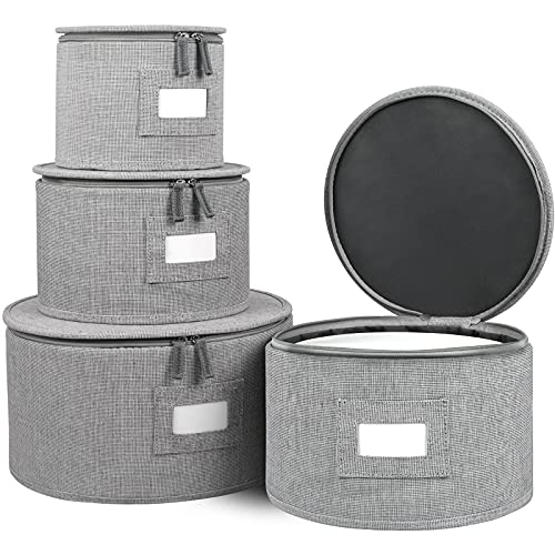 China Storage Set, Hard Shell 4-Piece Set for Plate Storage and Transport, Protects Dishes Coffee Mugs and Tea Cups have Lable Window for Saucers and Stackable,Felt Plate Dividers Included (China Storage)