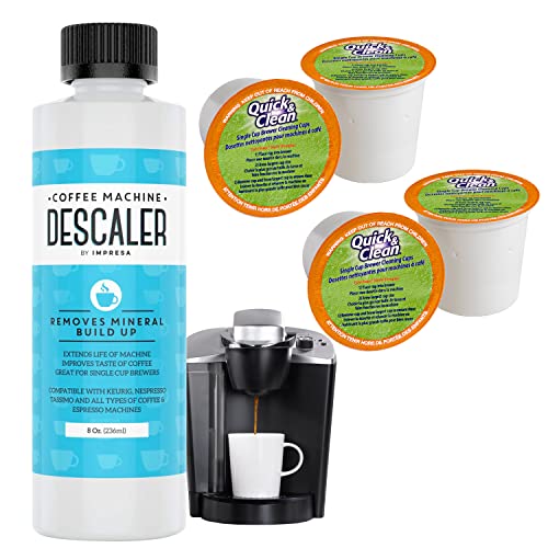 IMPRESA Cleaning and Descaler Kit - 2 Uses Per Bottle Plus 4 Cleaning Cups Compatible with Keurig K-Cup Pod Machines - Made in USA - Universal Descaling Solution and Stain Remover