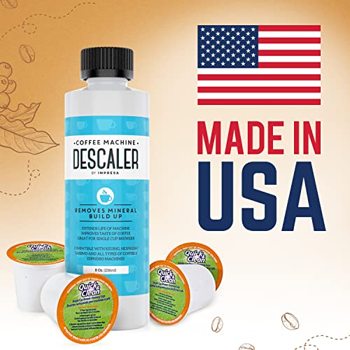 IMPRESA Cleaning and Descaler Kit - 2 Uses Per Bottle Plus 4 Cleaning Cups Compatible with Keurig K-Cup Pod Machines - Made in USA - Universal Descaling Solution and Stain Remover