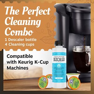 IMPRESA Cleaning and Descaler Kit - 2 Uses Per Bottle Plus 4 Cleaning Cups Compatible with Keurig K-Cup Pod Machines - Made in USA - Universal Descaling Solution and Stain Remover