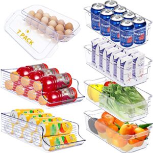 Plastic Refrigerator Organizer Bins, 7 Packs Refrigerator Organizer Bins 2 Large&4 Medium Food Storage Bins and 1 Egg Holder for Freezer, Kitchen Cabinet, Pantry Organization and Storage, BPA Free