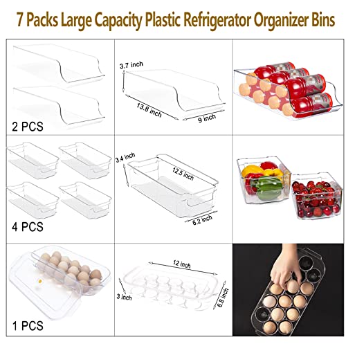 Plastic Refrigerator Organizer Bins, 7 Packs Refrigerator Organizer Bins 2 Large&4 Medium Food Storage Bins and 1 Egg Holder for Freezer, Kitchen Cabinet, Pantry Organization and Storage, BPA Free