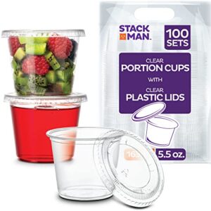 [100 sets – 5.5 oz.] plastic clear portion cups, snack / yogurt /parfait/ pudding / souffle /dessert cups, disposable containers with lids 5.5oz.