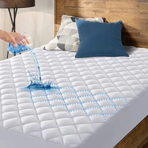 hyleory queen size waterproof mattress pad protector, breathable quilted mattress cover noiseless waterproof fitted sheet mattress topper upto 21″ deep pocket, white