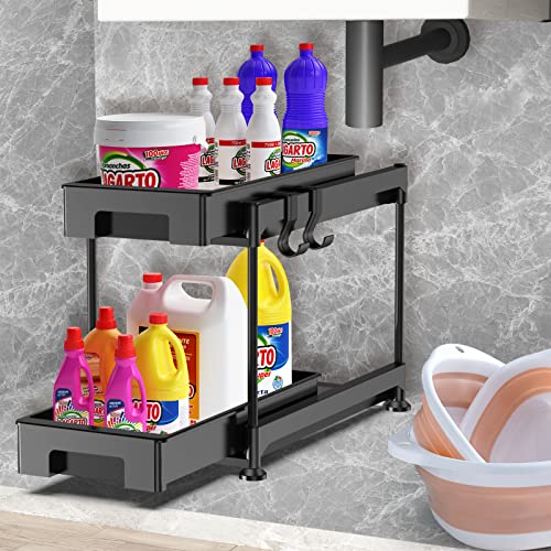 Double Sliding Cabinet Organizer, ZIZOTI Under Sink Organizers and Storage, Pull Out Under Sink Organizer, Under Cabinet Organizer Baskets with 2 Drawers, Under Sink Storage for Bathroom, Kitchen