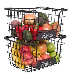 stacking wire market baskets with chalk label – set of 2 – fruit vegetable produce metal storage bin for kitchen counter – pantry cabinet – bathroom shelves – metallic black