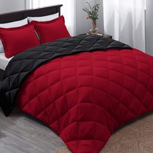 basic beyond down alternative comforter set (queen, black/red) – reversible bed comforter with 2 pillow shams for all seasons