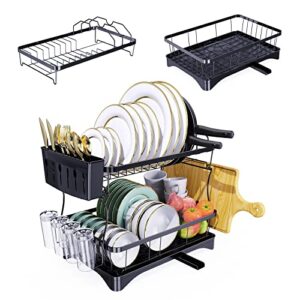 johamoo dish drying rack with drainboard, 2 tier dish rack for kitchen counter, large capacity dish drainer set with utensils holder, black