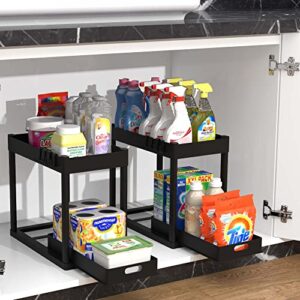 2pc under sink organizer rack 2 tier under sliding cabinet basket organizer drawer with 4 hooks, multi-purpose under sink storage for bathroom kitchen desktop（black）